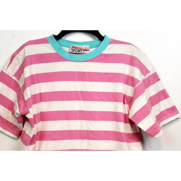 VTG 80s Boscali Pink Stripe TShirt Womens Medium Teal Crewneck Classic Preppy - Picture 3 of 10